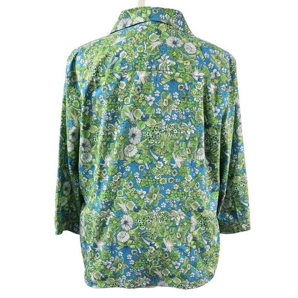 Foxcroft 100% Cotton Wrinkle Free Shaped Fit Blue Green Floral Button-Up Shirt - Picture 2 of 8